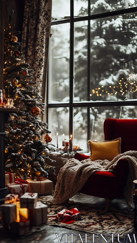 Cozy holiday reading nook by a snowy winter window.