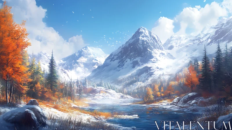 Snow-covered mountain valley with autumn forest and river.