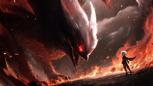 Infernal fox titan confronting lone warrior amid firestorm.