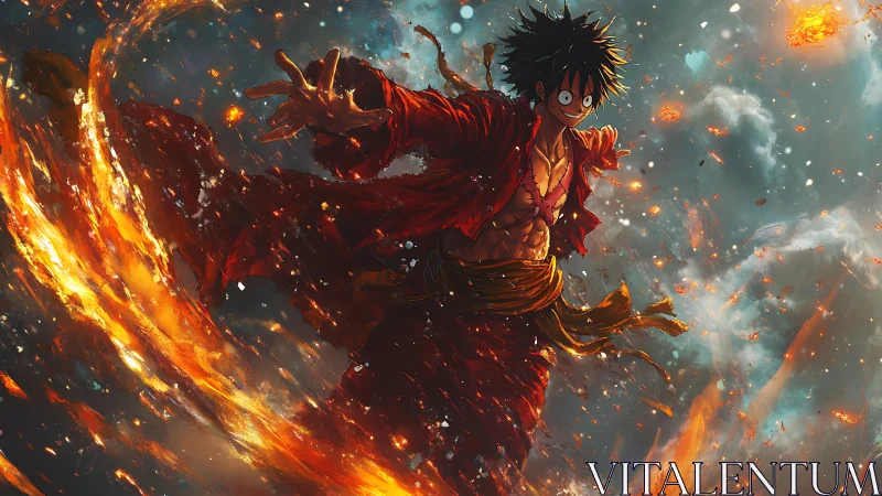 Fiery anime warrior twisting through stormlit emberscape.