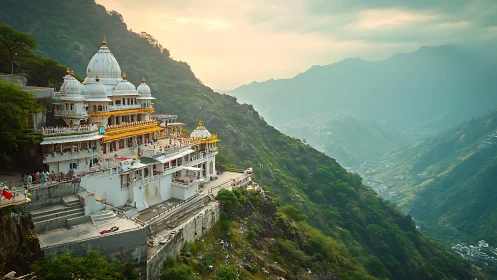 Hilltop temple complex overlooks misted green valley