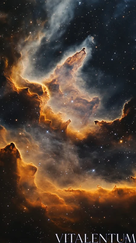 Nebular spires in glowing amber hues against deep space.