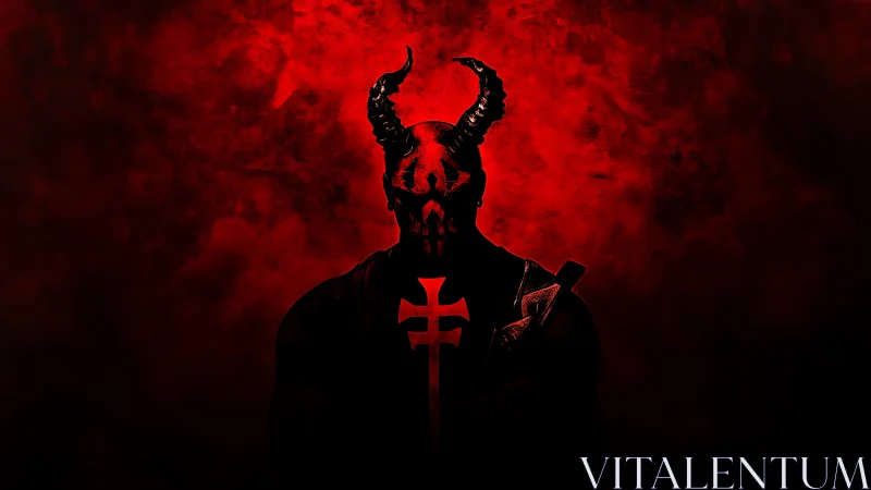 Horned demonic warrior silhouette against textured red smoke field