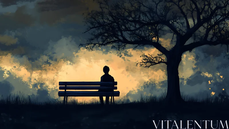 Solitary dreamer stitches twilight thoughts beneath clouds