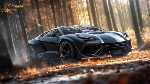 Matte black supercar cuts through misty autumn forest road