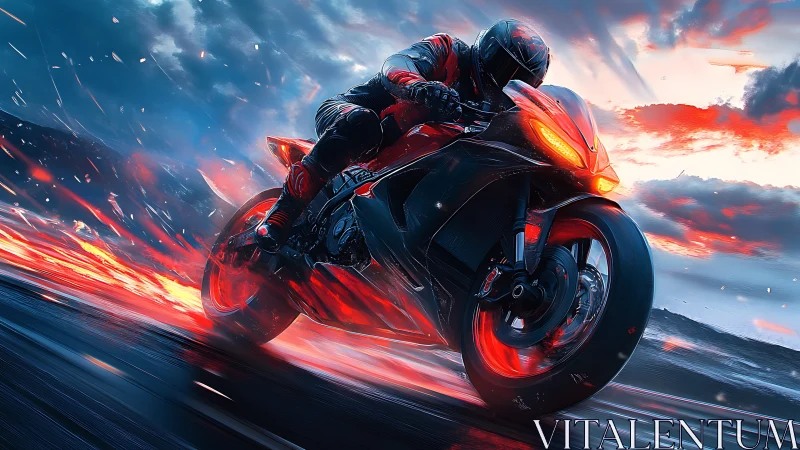 Firestream rider carving neon speed across storm roads.