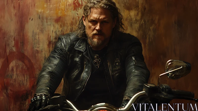 Weathered biker in leather jacket on motorcycle front