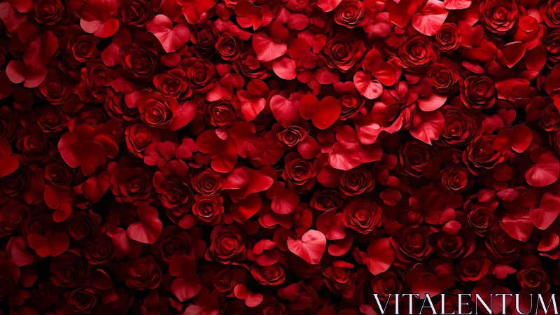 Dense arrangement of red roses and petals photographed overhead.