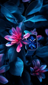 Neon blossoms cradle a midnight-blue digital watch face