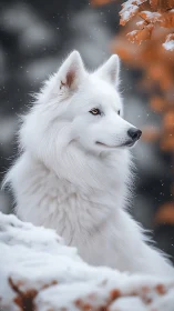 White Arctic dog gazes through softly falling winter snow.