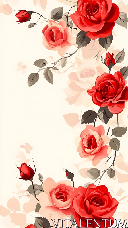 Red and Pink Roses on Cream Background with Green Foliage