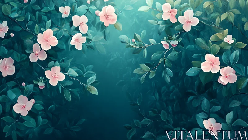 Soft pink blossoms drift across teal botanical haze.