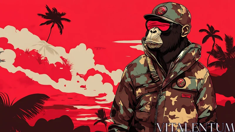 Anthropomorphic primate in camouflage observes stylized coast