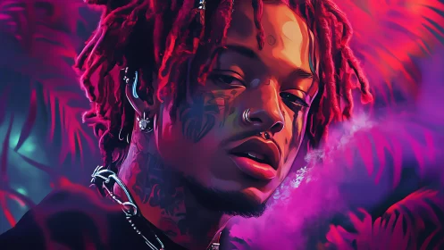 Neon-lit portrait captures moody gaze amid vapor haze.