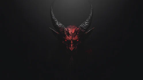 Demonic horned skull emerges from darkness in red light.