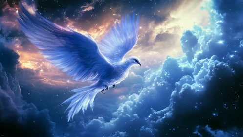 Shimmering celestial dove ascending through radiant nebulae.