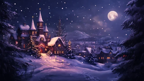 Snow-covered village under full moon with illuminated houses.