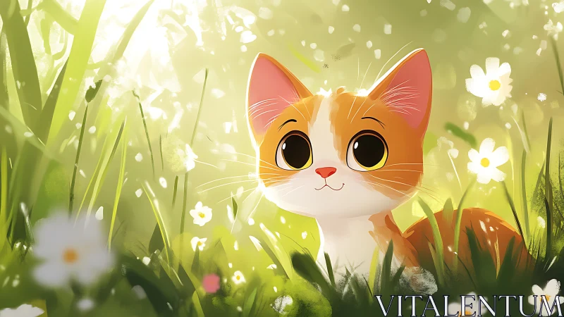 Orange Tabby Cat in Spring Garden Field.