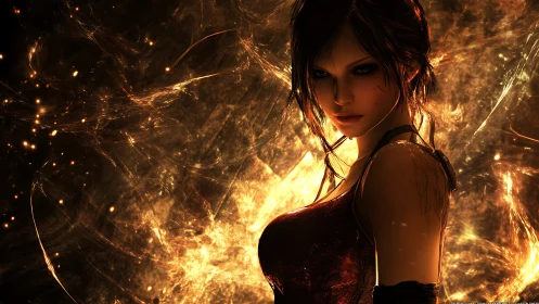 Digital warrior portrait framed by high energy fiery particle field