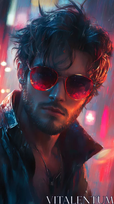 Brooding man in neon city rain exudes moody cyber allure