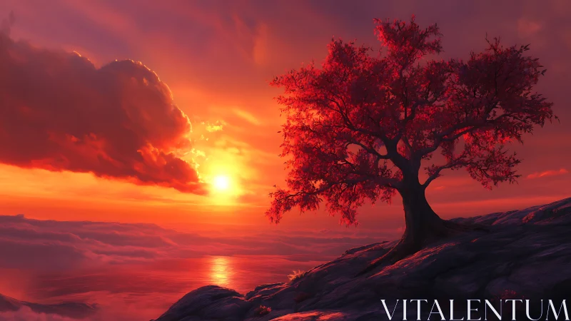 Red tree stands on rocky cliff above vivid sunset sea