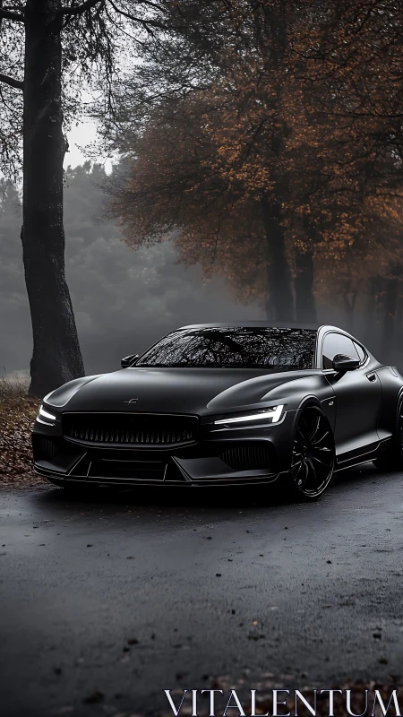 Black sports coupe on wet forest road under autumn trees.