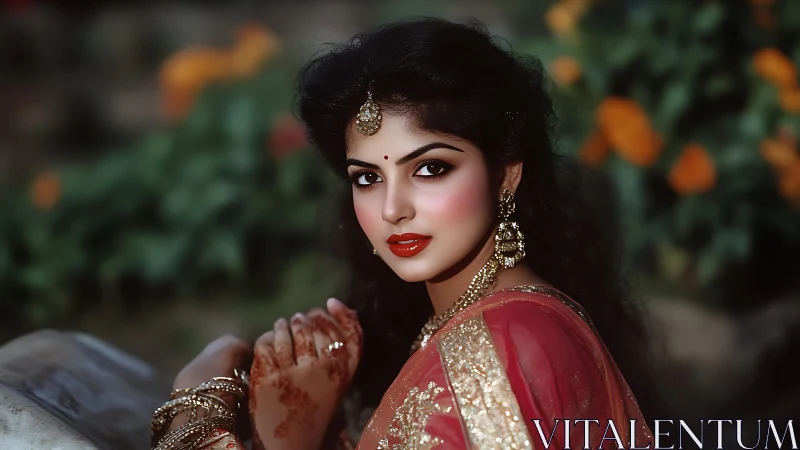 Bridal portrait with red saree, gold details, garden backdrop.