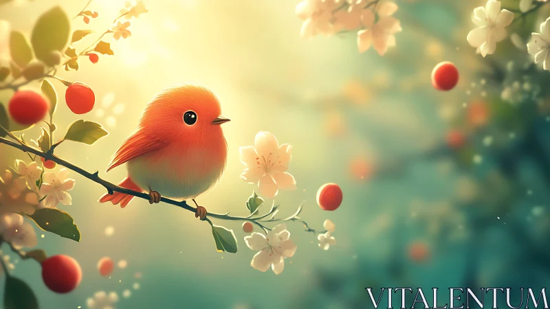 Tiny orange songbird rests among glowing spring blossoms.