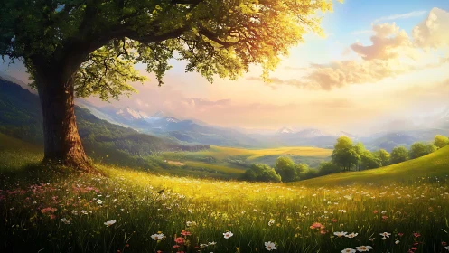 Sunlit meadow and lone tree welcoming a peaceful pause.