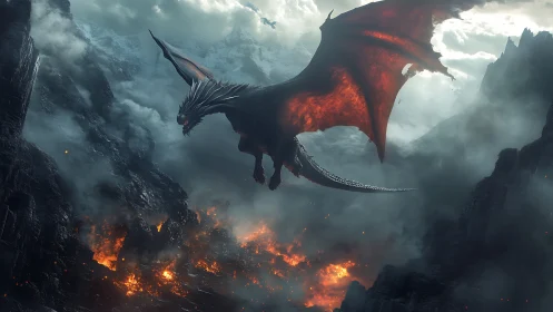 Volcanic valley under assault by a massive embers-lit flying dragon