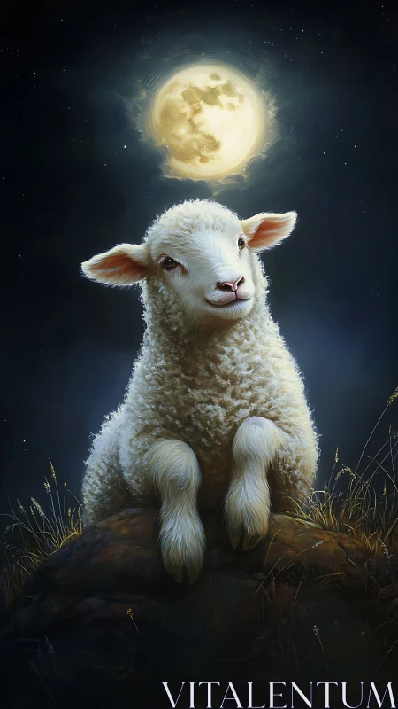 Nocturne lamb portrait under luminous full moon aura.