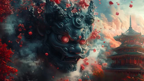 Demonic stone guardian face emerges beside red pagoda