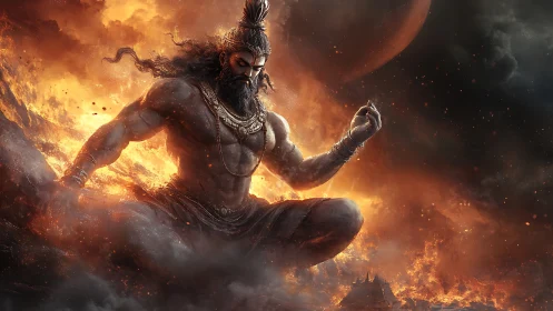 Fire-wreathed meditative deity commands a cosmic inferno.