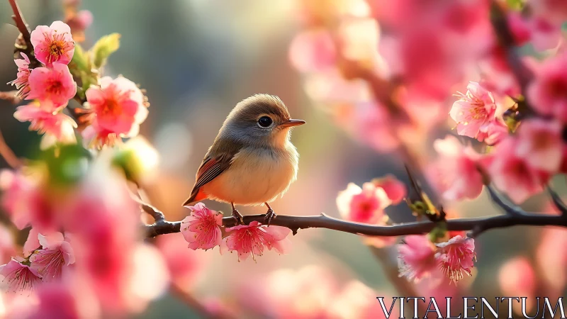 Songbird rests on blossoming branch in gentle spring light.