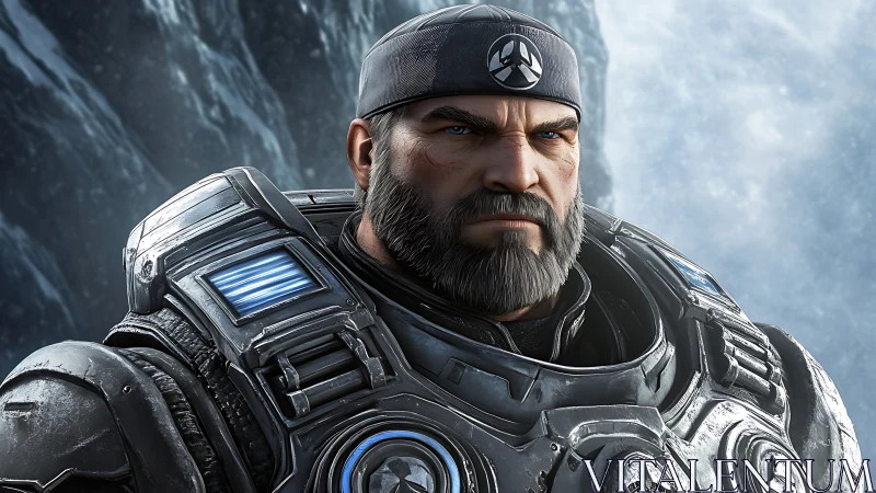 Armored space soldier scans frozen battlefield horizon.