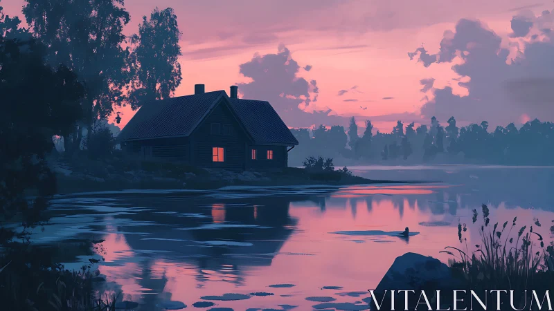 Lakeside cabin under violet dusk sky with glowing windows.