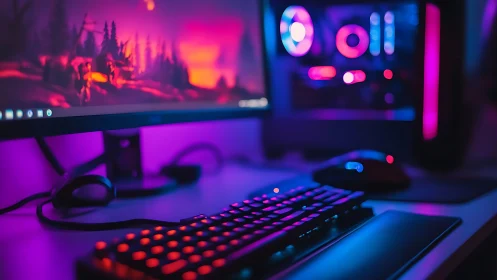 RGB-illuminated gaming workstation under neon ambient lighting.