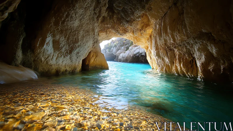 Rocky sea cave with shallow turquoise water and outlet.