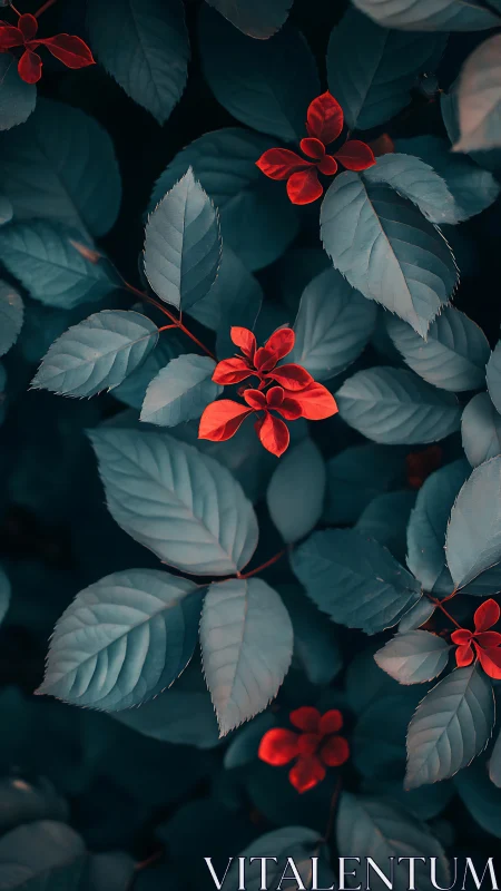 Crimson Petals Dance Through Teal Foliage Symphony.