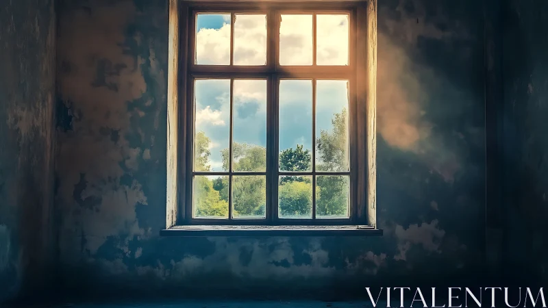 Sunlit window frames tranquil green landscape view.