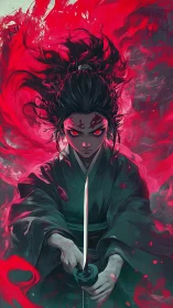 Demonic-eyed samurai channels crimson energy around blade