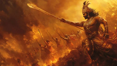 Warrior leader charges with spear through burning battlefield