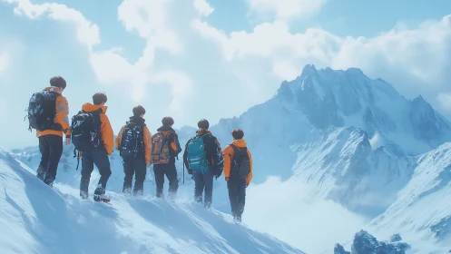 Orange-jacketed summit dreamers under a wide glacier sky.