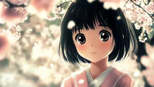 Blossom-soft gaze of a kimono girl in drifting spring light.