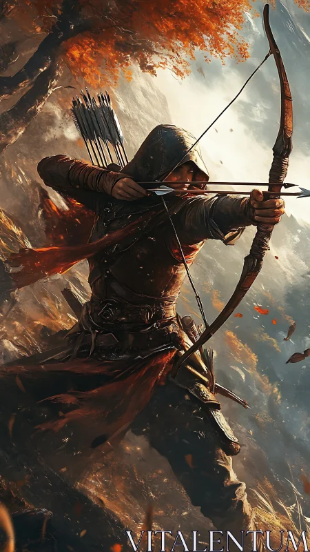 Hooded archer draws bow in autumn battlefield environment