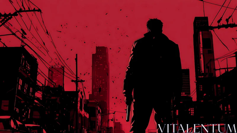 Silhouetted gunman overlooking red urban cityscape.