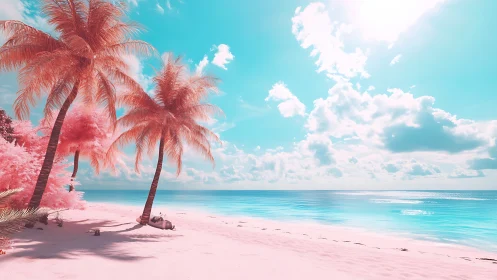 Tropical Paradise Beach with Pink Palm Trees and Turquoise Waters.