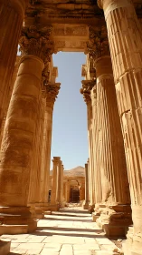 Sunlit sandstone colonnade with Corinthian capitals and axial vista