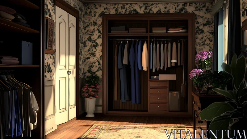 Organized wooden wardrobe in warm classic bedroom setting.