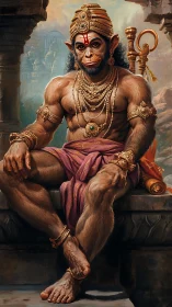 Regal monkey deity resting in golden temple calm.